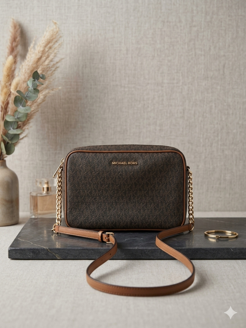 Michael Kors Jet Set Large East West Crossbody Bag Brown Monogram Logo Purse